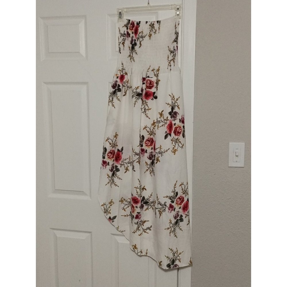 Women's Boutique Floral Print White Sleeveless Asymmetrical Dress Large